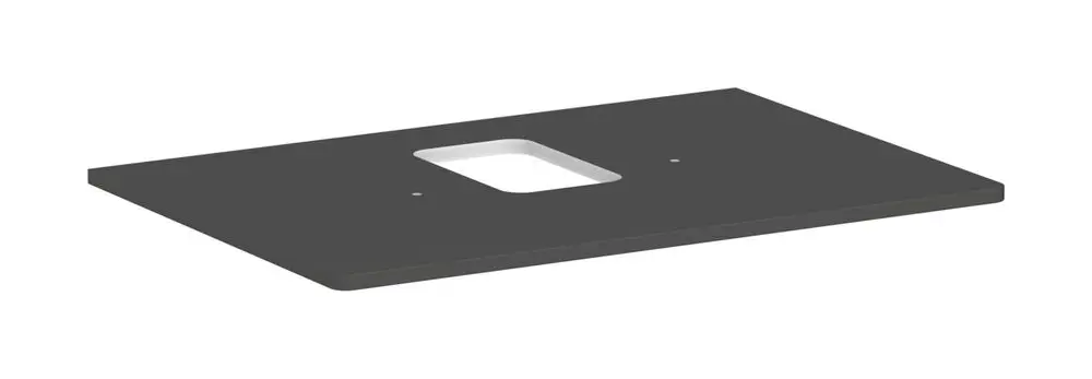 Schwarze Konsole von Hansgrohe mit mittigem Ausschnitt, geeignet für Aufsatzwaschtische, untere Oberfläche ohne sichtbare Befestigungen.